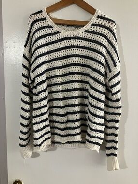 Madewell Cream and Black Striped Open-Knit Crewneck Sweater